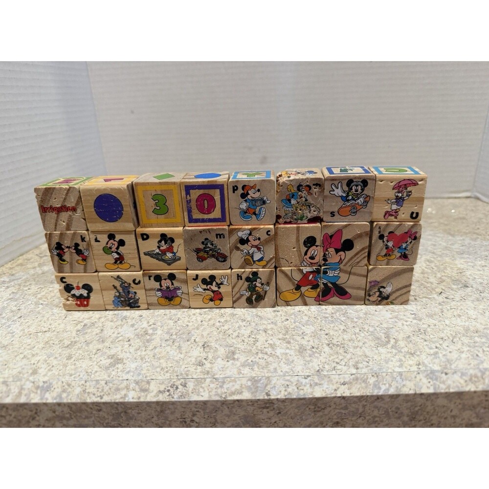 Vintage Disney Mickey Mouse & Friends Wooden Learning Blocks (24) some damaged